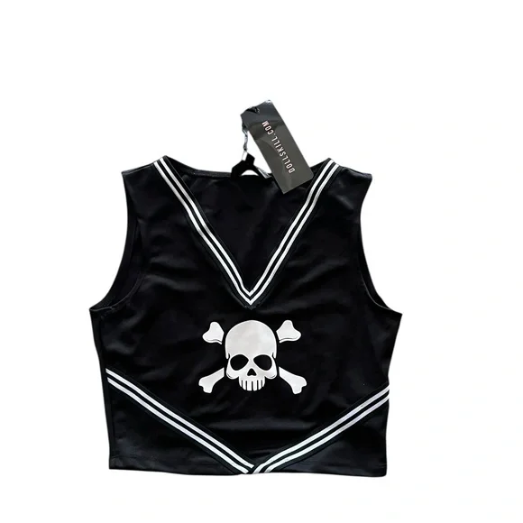 NWT Dolls Kill Black Skull and Crossbones Crop Top - Picture 2 of 3